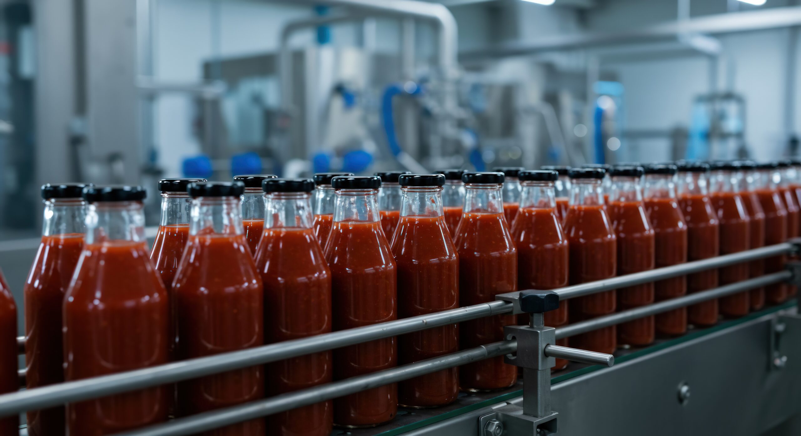 Glass bottles filled with red liquid on production line The image shows numerous glass bottles filled with a red liquid, arranged neatly on a conveyor belt in a manufacturing environment. Bottles are capped and ready for distribution. The scene is bathed in soft, diffused light, enhancing the clean and orderly appearance of the production line. The image suggests processes related to food or beverage manufacturing and quality control. Could be used for illustrating topics such as industrial production, automated processes, or quality assurance in the food industry.